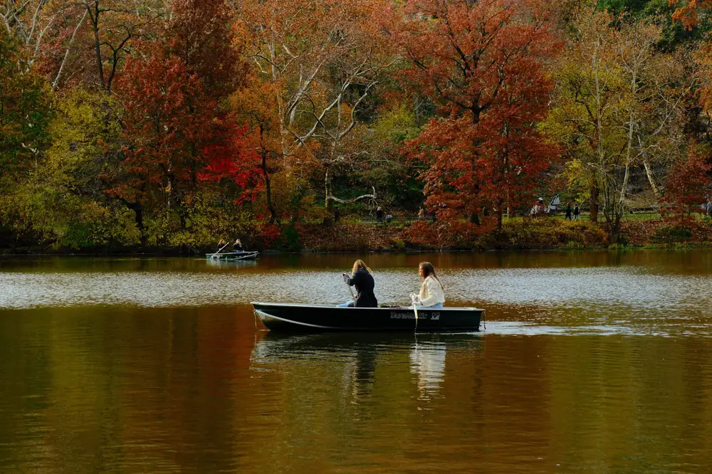 A rowboat on the lake in Central Park among autumn trees