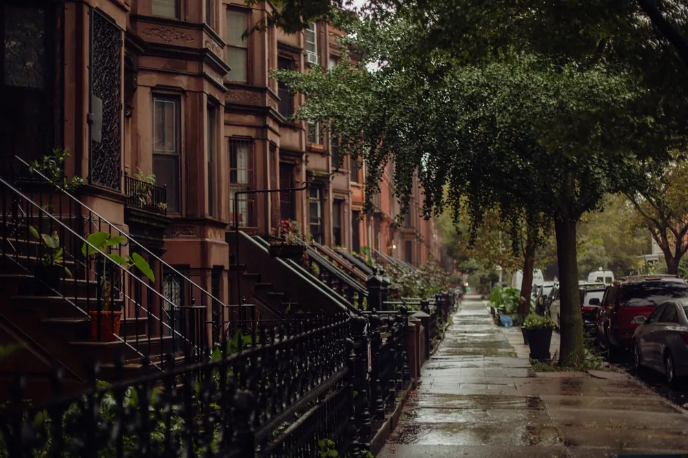 Brownstone homes on a rainy New York street