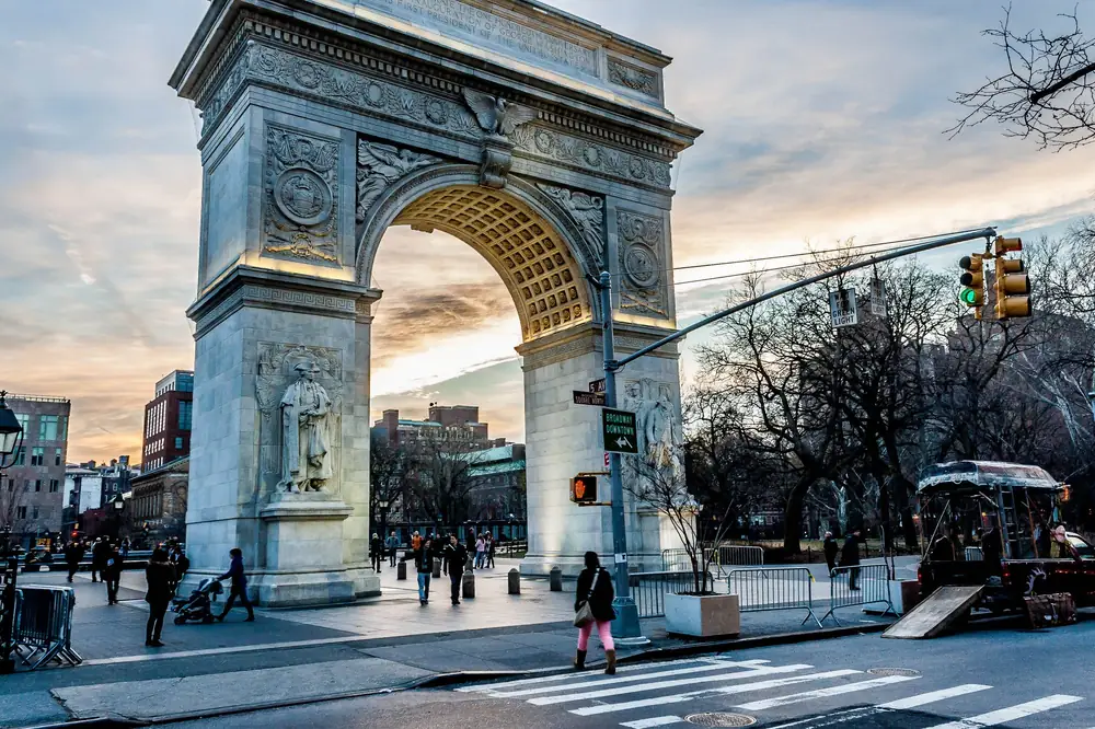Washington Square Arch at sunset in Greenwich Village